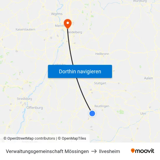 Verwaltungsgemeinschaft Mössingen to Ilvesheim map