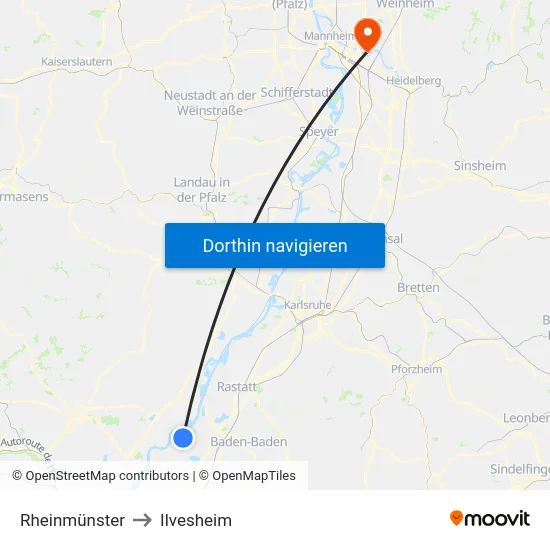 Rheinmünster to Ilvesheim map