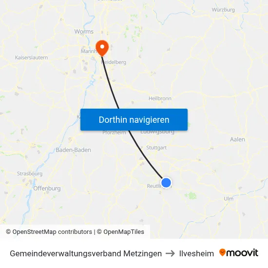 Gemeindeverwaltungsverband Metzingen to Ilvesheim map