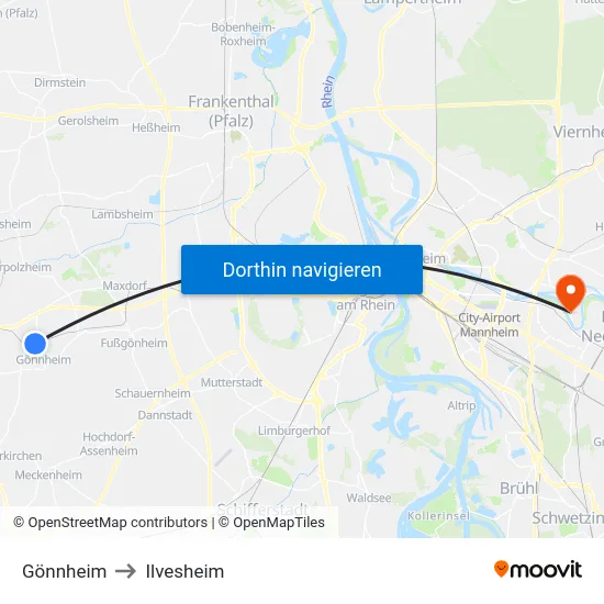 Gönnheim to Ilvesheim map