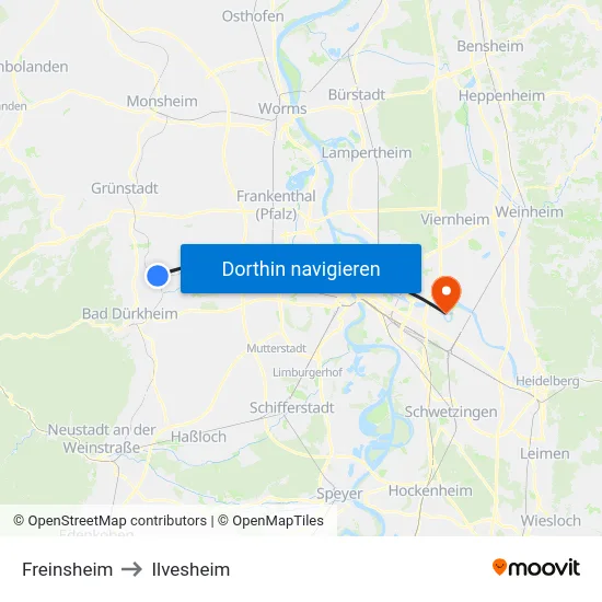 Freinsheim to Ilvesheim map