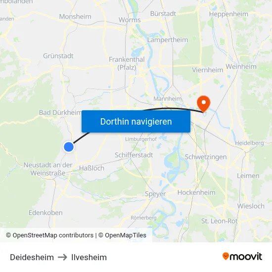Deidesheim to Ilvesheim map