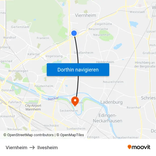 Viernheim to Ilvesheim map