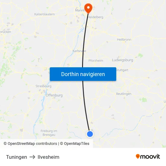 Tuningen to Ilvesheim map