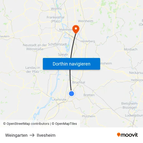Weingarten to Ilvesheim map