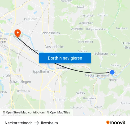 Neckarsteinach to Ilvesheim map