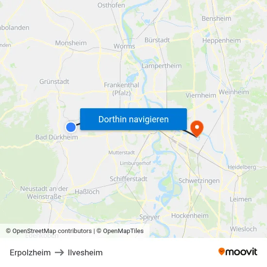Erpolzheim to Ilvesheim map