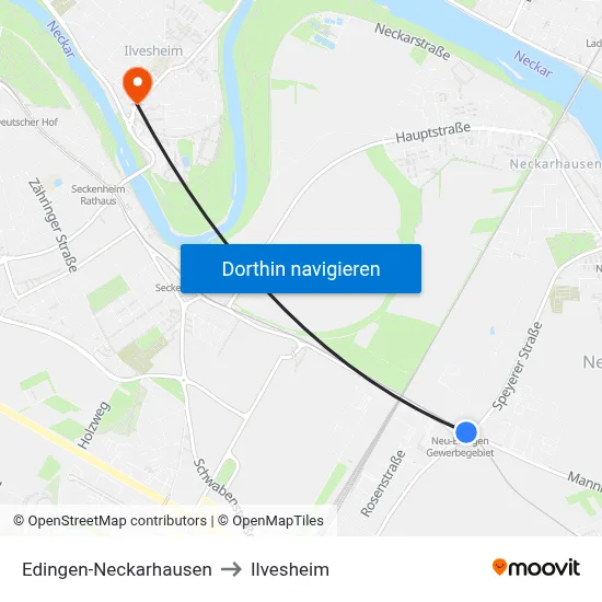 Edingen-Neckarhausen to Ilvesheim map