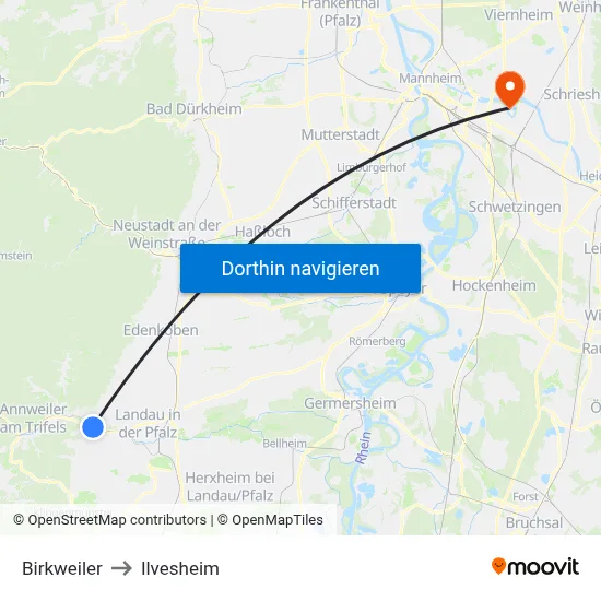 Birkweiler to Ilvesheim map