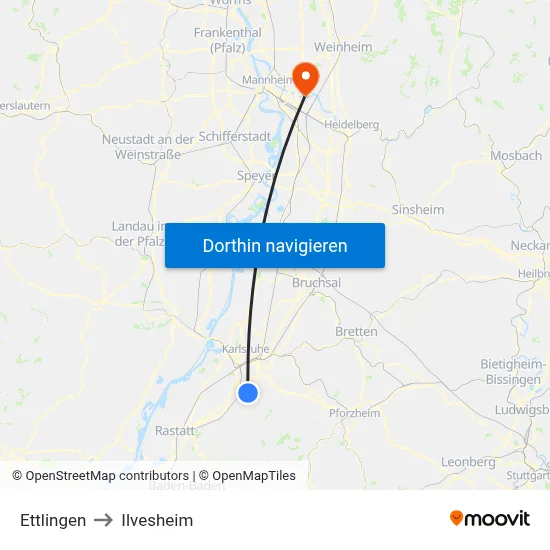 Ettlingen to Ilvesheim map