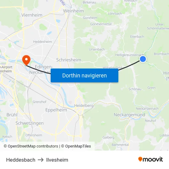 Heddesbach to Ilvesheim map