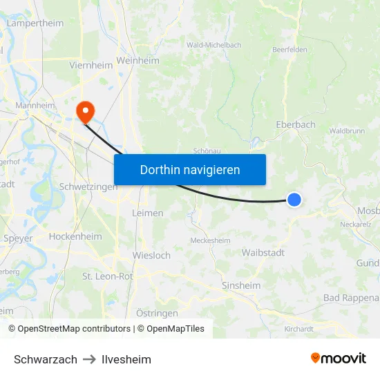 Schwarzach to Ilvesheim map