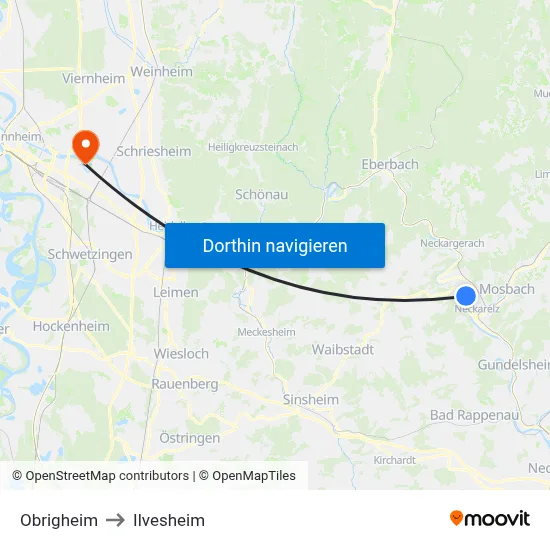 Obrigheim to Ilvesheim map