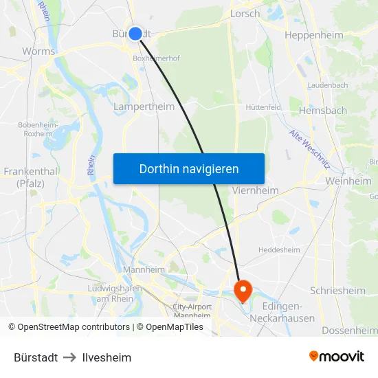 Bürstadt to Ilvesheim map