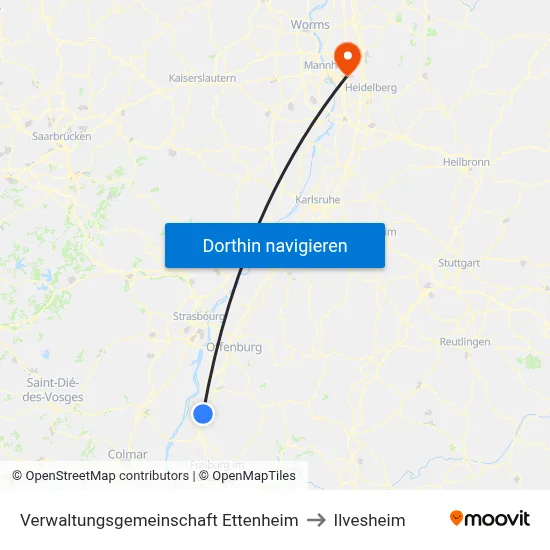 Verwaltungsgemeinschaft Ettenheim to Ilvesheim map
