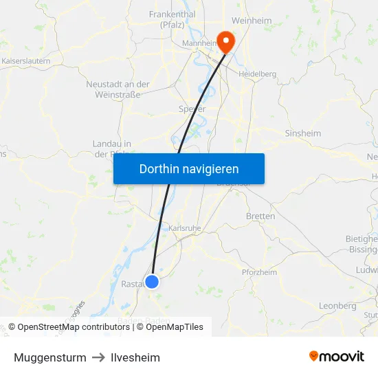 Muggensturm to Ilvesheim map