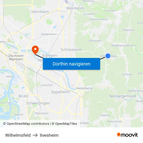 Wilhelmsfeld to Ilvesheim map