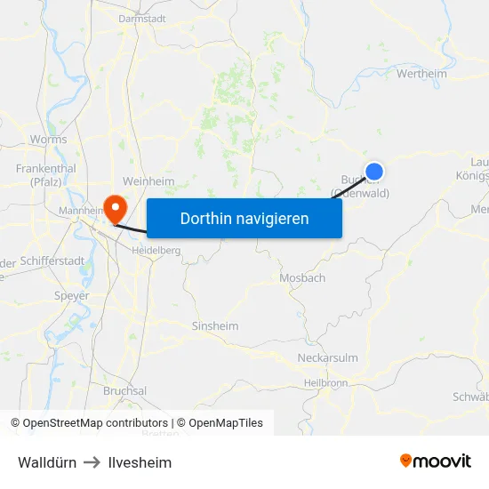 Walldürn to Ilvesheim map