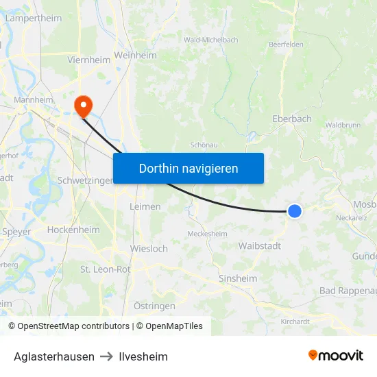 Aglasterhausen to Ilvesheim map
