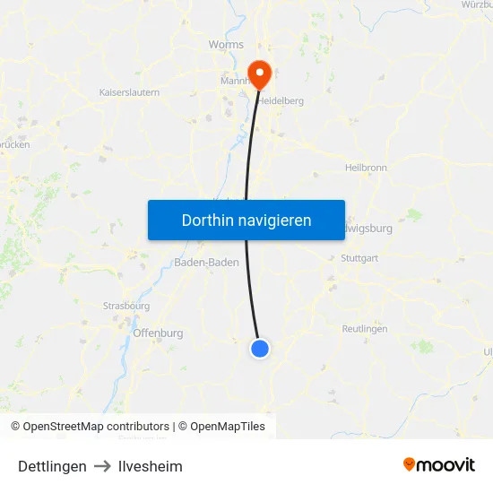 Dettlingen to Ilvesheim map