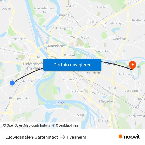 Ludwigshafen-Gartenstadt to Ilvesheim map