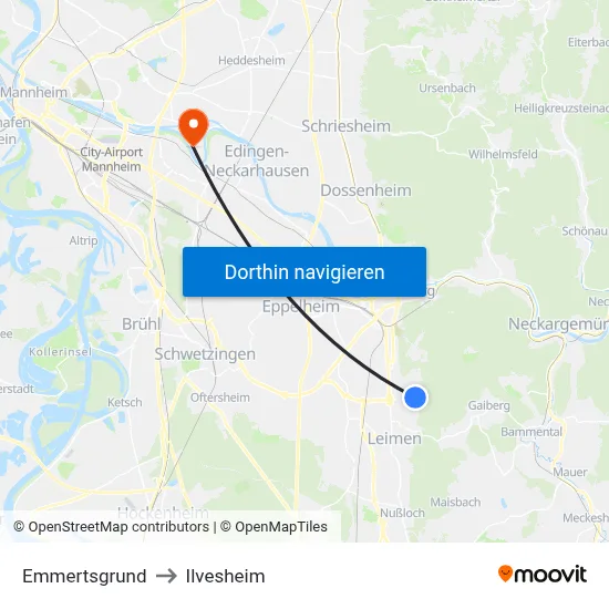 Emmertsgrund to Ilvesheim map