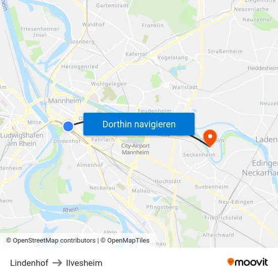 Lindenhof to Ilvesheim map