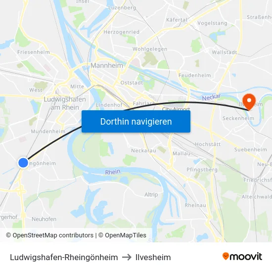 Ludwigshafen-Rheingönheim to Ilvesheim map