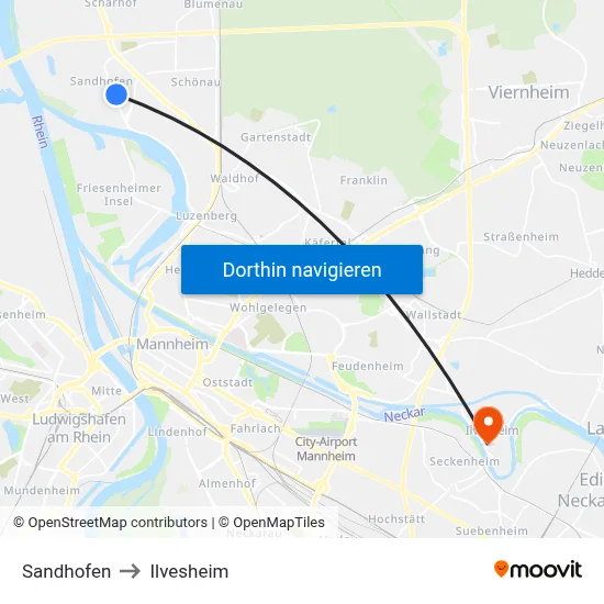 Sandhofen to Ilvesheim map