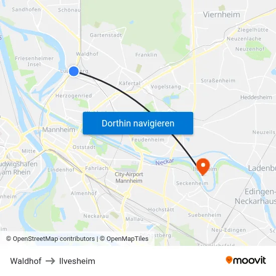 Waldhof to Ilvesheim map