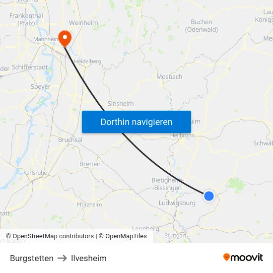 Burgstetten to Ilvesheim map