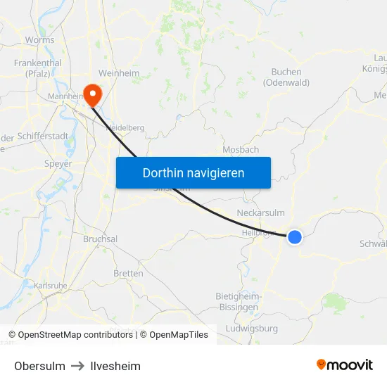 Obersulm to Ilvesheim map