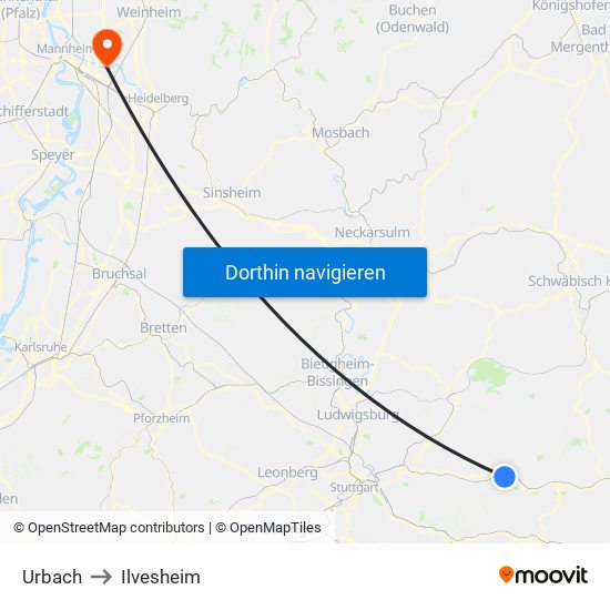 Urbach to Ilvesheim map