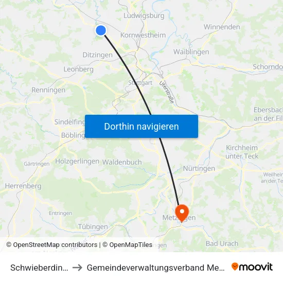Schwieberdingen to Gemeindeverwaltungsverband Metzingen map