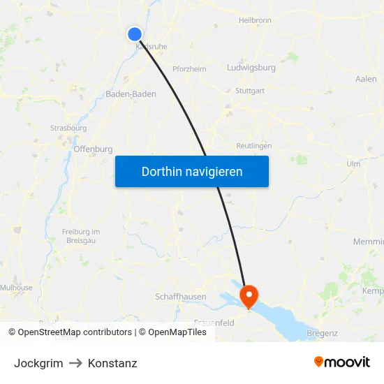 Jockgrim to Konstanz map