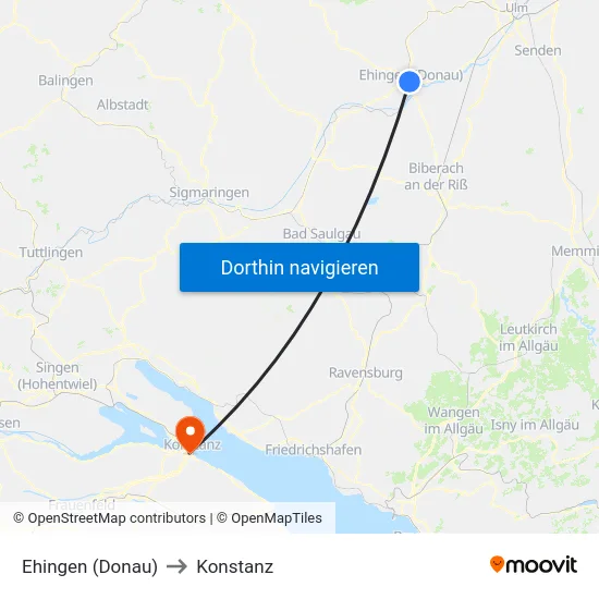 Ehingen (Donau) to Konstanz map