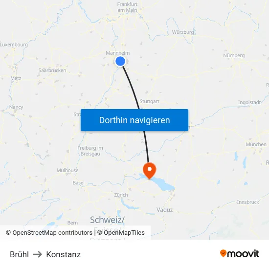 Brühl to Konstanz map