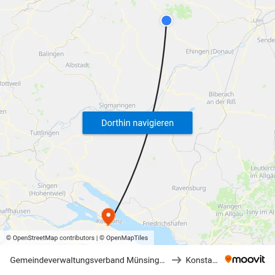 Gemeindeverwaltungsverband Münsingen to Konstanz map