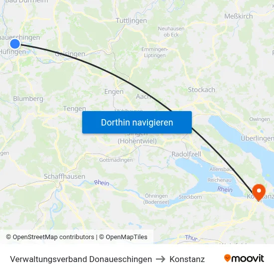 Verwaltungsverband Donaueschingen to Konstanz map