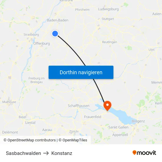 Sasbachwalden to Konstanz map