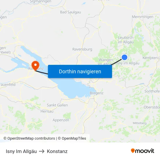 Isny Im Allgäu to Konstanz map
