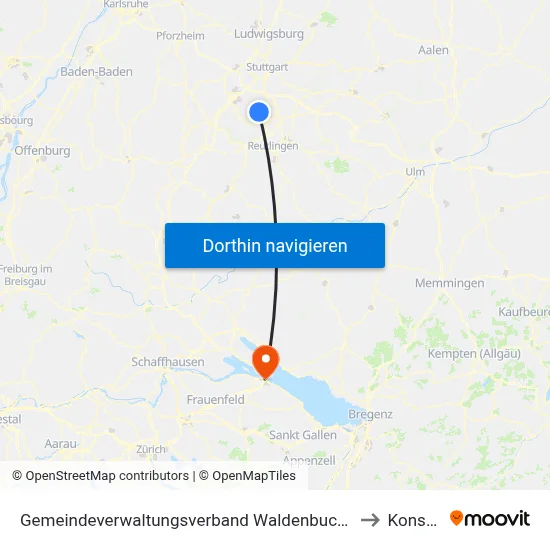 Gemeindeverwaltungsverband Waldenbuch/Steinenbronn to Konstanz map