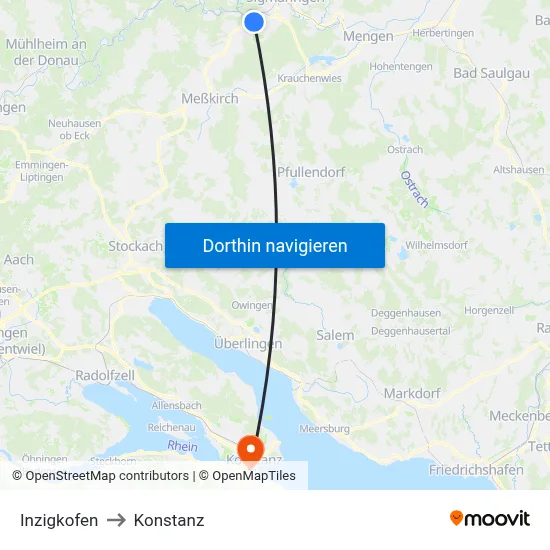 Inzigkofen to Konstanz map
