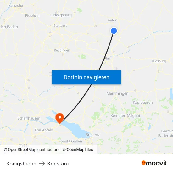 Königsbronn to Konstanz map