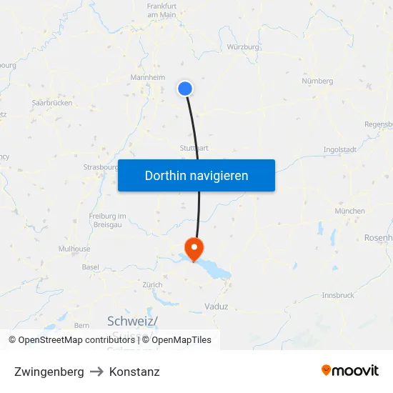 Zwingenberg to Konstanz map