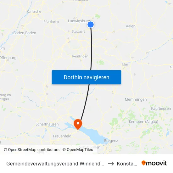 Gemeindeverwaltungsverband Winnenden to Konstanz map