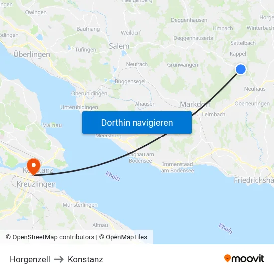 Horgenzell to Konstanz map