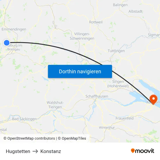 Hugstetten to Konstanz map