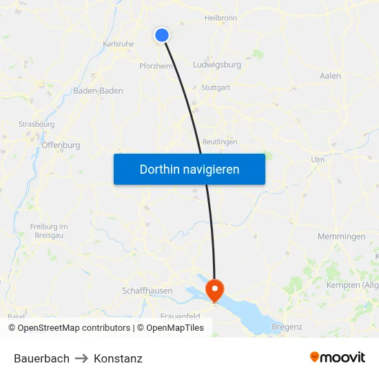 Bauerbach to Konstanz map