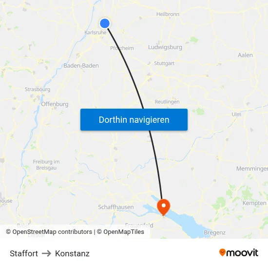 Staffort to Konstanz map